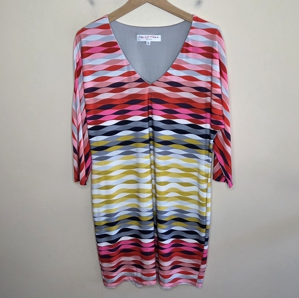 Trina Turk Colorful Wavy Stripe 3/4 Sleeve Sheath Dress Size 8 Dopamine Dressing